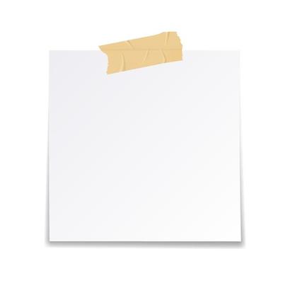 Vector illustration of blank sticky paper note with tape. Blank paper with adhesive tape on white background. Blank note with a clipping path.