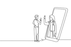 Un paciente masculino de dibujo continuo de una línea sostiene un teléfono inteligente de pie frente a un teléfono inteligente gigante y consulta a una doctora. médico concepto en línea. Ilustración gráfica de vector de diseño de dibujo de una sola línea