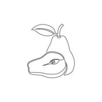 One continuous line drawing of sliced and whole healthy pear organic for orchard logo identity. Fresh summer fruitage concept for fruit garden icon. Modern single line draw design vector illustration