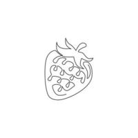 Single continuous line drawing of whole healthy organic strawberry for orchard logo identity. Fresh berry concept for fruit garden icon. Modern one line draw design graphic vector illustration