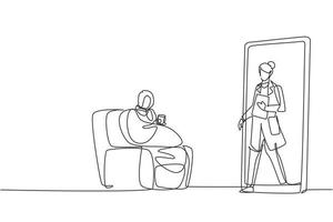 Paciente femenina de dibujo continuo de una línea sentada acurrucada en el sofá, usando una manta, sosteniendo una taza y hay una doctora saliendo del teléfono inteligente, sosteniendo el portapapeles. vector de diseño de dibujo de una sola línea
