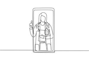 Continuous one line drawing female doctor comes out of smartphone screen while making thumbs up gesture. Online consultation doctor concept. Single line draw design vector graphic illustration