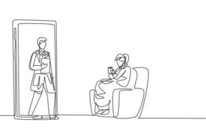 Single continuous line drawing female patient sitting curled up on sofa, using blanket, holding mug and there is male doctor walking out of smartphone, holding clipboard. Dynamic one line draw graphic vector