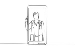 Single continuous line drawing male doctor comes out of smartphone screen while making thumbs up gesture. Online consultation doctor concept. Dynamic one line draw graphic design vector illustration