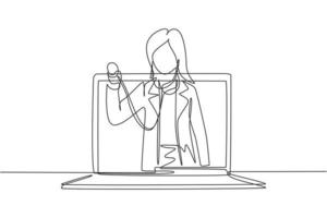 Continuous one line drawing female doctor comes out of laptop screen holding stethoscope. Online medical services, medical consultation concept. Single line draw design vector graphic illustration