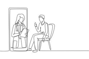 dibujo de una línea continua doctora sosteniendo el portapapeles comprobando la condición del paciente masculino sentado en una silla. concepto de consulta médica en línea. Ilustración gráfica de vector de diseño de dibujo de una sola línea