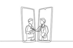 Single one line drawing two smartphones facing each other with male doctor checking heart rate of male patient using stethoscope. Online doctor. Continuous line draw design graphic vector illustration