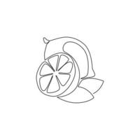 Single continuous line drawing of whole and sliced healthy organic lemon for orchard logo identity. Fresh zest fruitage concept for fruit garden icon. Modern one line draw design vector illustration