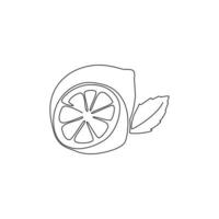 Single continuous line drawing of whole and sliced healthy organic lemon for orchard logo identity. Fresh zest fruitage concept for fruit garden icon. Modern one line draw design vector illustration