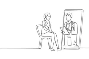 Single one line drawing male doctor holding clipboard checking condition of female patient sitting on chair. Online consultation concept. Modern continuous line draw design graphic vector illustration