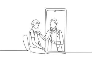 Single continuous line drawing male doctor comes out of smartphone screen and checks male patient's heart rate using a stethoscope sitting on chair. One line draw graphic design vector illustration