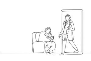 Single one line drawing Arabian male patient sitting curled up on sofa, using blanket, holding mug and there is male doctor walking out of smartphone, holding clipboard. Modern continuous line draw vector