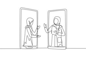 Single continuous line drawing two smartphones face to face and contain hijab female patient and hijab female doctor with their bodies as if coming out of a smartphone. One line draw graphic design vector