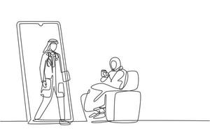 Single one line drawing hijab female patient sitting curled up on sofa, using blanket, holding mug and there is male doctor walking out of smartphone, holding clipboard. Modern continuous line draw vector