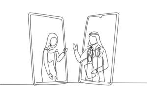 Continuous one line drawing two smartphones face to face and contain hijab female patient and Arab male doctor with their bodies as if coming out of smartphone. Single line draw design vector graphic