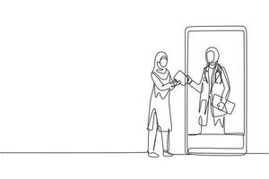 Continuous one line drawing Arabian female patient receiving prescription from hijab female doctor in smartphone. Online medical services concept. Single line draw design vector graphic illustration