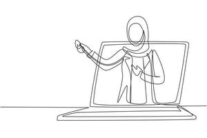 Continuous one line drawing hijab female doctor comes out of laptop screen holding stethoscope. Online medical services, medical consultation. Single line draw design vector graphic illustration