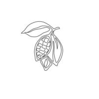 Single continuous line drawing of whole healthy organic cocoa bean for plantation logo identity. Fresh cacao concept for chocolate shop icon. Modern one line draw design vector graphic illustration