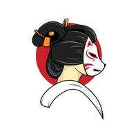 geisha japonesa con ilustración de máscara kitsune vector