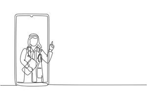Un médico árabe de dibujo continuo de una línea sale de la pantalla del teléfono inteligente sosteniendo el portapapeles. servicios médicos online, consulta médica. Ilustración gráfica de vector de diseño de dibujo de una sola línea