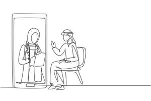 Una sola línea de dibujo hijab doctora sosteniendo portapapeles comprobando el estado del paciente árabe sentado en una silla. consulta online. Ilustración de vector gráfico de diseño de dibujo de línea continua
