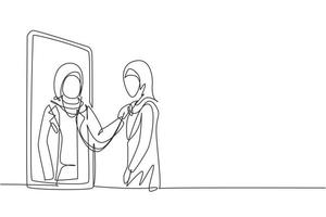 Single continuous line drawing hijab female doctor comes out of smartphone screen and checks female patient's heart rate using a stethoscope. Dynamic one line draw graphic design vector illustration