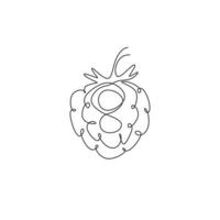 Single continuous line drawing of whole healthy organic raspberry for orchard logo identity. Fresh berry fruitage concept for fruit garden icon. Modern one line draw design graphic vector illustration