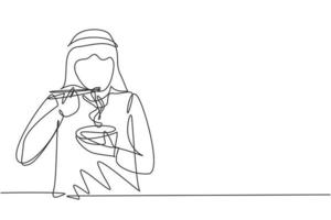 Continuous one line drawing young Arabian man having noodles meal with chopsticks around table. Enjoy lunch when hungry. Delicious and healthy food. Single line draw design vector graphic illustration