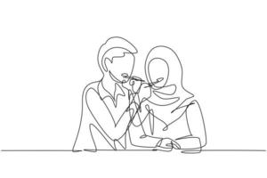 Single continuous line drawing romantic Arabian couple feeding each other. Having fun dinner together at restaurant. Celebrate wedding anniversaries. One line draw graphic design vector illustration