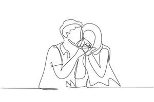 Single one line drawing young Arabian couple sharing pizza cut. Celebrate anniversaries and enjoy romantic lunch at modern restaurant. Modern continuous line draw design graphic vector illustration