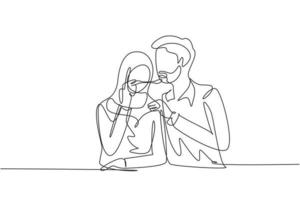 Single one line drawing romantic Arabian female feeds her husband. Happy couple dinner together at restaurant. Celebrate wedding anniversaries. Continuous line draw design graphic vector illustration