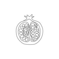 One single line drawing of half sliced healthy organic pomegranate for orchard logo identity. Fresh  fruitage seed concept for fruit garden icon. Modern continuous line draw design vector illustration