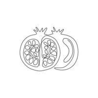 One continuous line drawing of whole and half sliced healthy organic pomegranate for orchard logo identity. Fresh seed concept for fruit garden icon. Modern single line draw design vector illustration