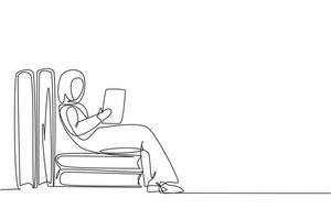 Continuous one line drawing young Arab woman reading, learning, sitting and backrest on pile of big books. Study at home. Smart student, education. Single line draw design vector graphic illustration