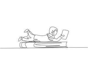 Single one line drawing Arab little girl reading, learning and laying down on big book. Study at home. Smart student, education concept. Modern continuous line draw design graphic vector illustration