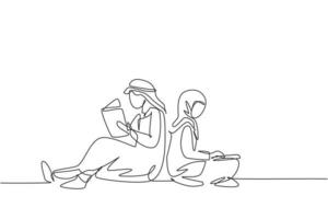 Single one line drawing Arabian students woman and man reading, learning and sitting lean on each other. Study in library. Literature lovers. Continuous line draw design graphic vector illustration