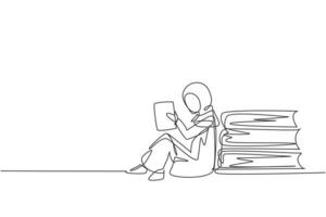 Single continuous line drawing Arab little girl reading, learning and backrest on pile of big books. Study at home. Smart student, education. Dynamic one line draw graphic design vector illustration