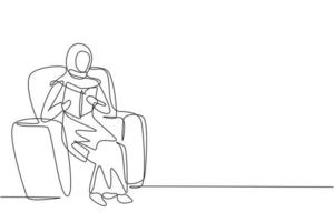 Single continuous line drawing young Arabian female reading, learning and sitting on sofa. Literature lovers. Smart student, education concept. Dynamic one line draw graphic design vector illustration