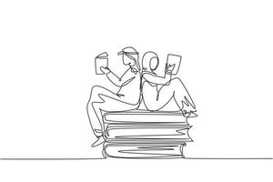 Single one line drawing Arabian students woman and man reading, learning and sitting on big books. Study in library. Literature fans or lovers. Continuous line draw design graphic vector illustration