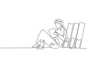 Single continuous line drawing young Arabian male reading, learning and backrest on pile of big books. Study at home. Smart student, education. Dynamic one line draw graphic design vector illustration