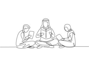 dibujo de línea continua única maestro árabe y dos estudiantes niño y niña leyendo, aprendiendo y sentados juntos. estudiar en biblioteca. Ilustración de vector de diseño gráfico de dibujo de una línea dinámica