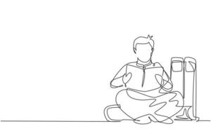 Single one line drawing young Arabian male reading, learning and sitting on big books. Study in library. Literature fans or lovers. Modern continuous line draw design graphic vector illustration