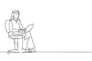 Single continuous line drawing Arab male with laptop sitting on the chair. Freelance, distance learning, online courses, and studying concept. Dynamic one line draw graphic design vector illustration