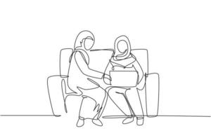 Single continuous line drawing two Arab woman with laptop sitting on sofa together. Freelance, distance learning, online courses, and studying. Dynamic one line draw graphic design vector illustration