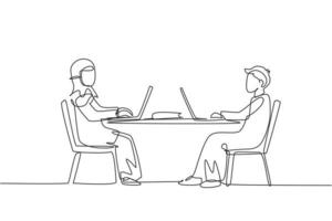 Single continuous line drawing Arabian boy and girl students studying with laptop and sitting on chairs around desk. Back to school, online education. One line draw graphic design vector illustration