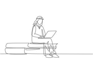 Continuous one line drawing young Arabian man studying with laptop and sitting on big book. Back to school, intelligent student, online education. Single line draw design vector graphic illustration