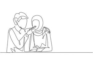 Single one line drawing romantic Arabian man feeds his wife. Happy young couple dinner together at restaurant. Celebrate wedding anniversaries. Continuous line draw design graphic vector illustration