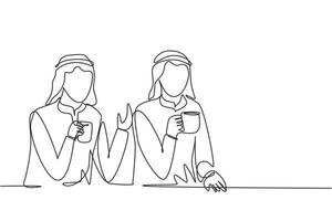 Continuous one line drawing two young Arab men sitting over a cup of coffee and talking about work plans in the office. Success lifestyle concept. Single line draw design vector graphic illustration