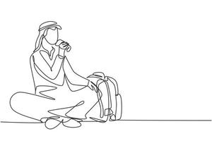 Single one line drawing young Arabian man sitting while enjoying soft drink to refreshing and relaxing body. Attractive teenager concept. Modern continuous line draw design graphic vector illustration