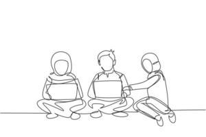 Single continuous line drawing three Arabian students studying with laptop and sitting on the floor together. Back to school, online education concept. One line draw graphic design vector illustration